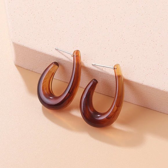 Retro Brown Resin Acrylic Oblong Oval U-Shape  Hoop Earrings NEW - Picture 6 of 6